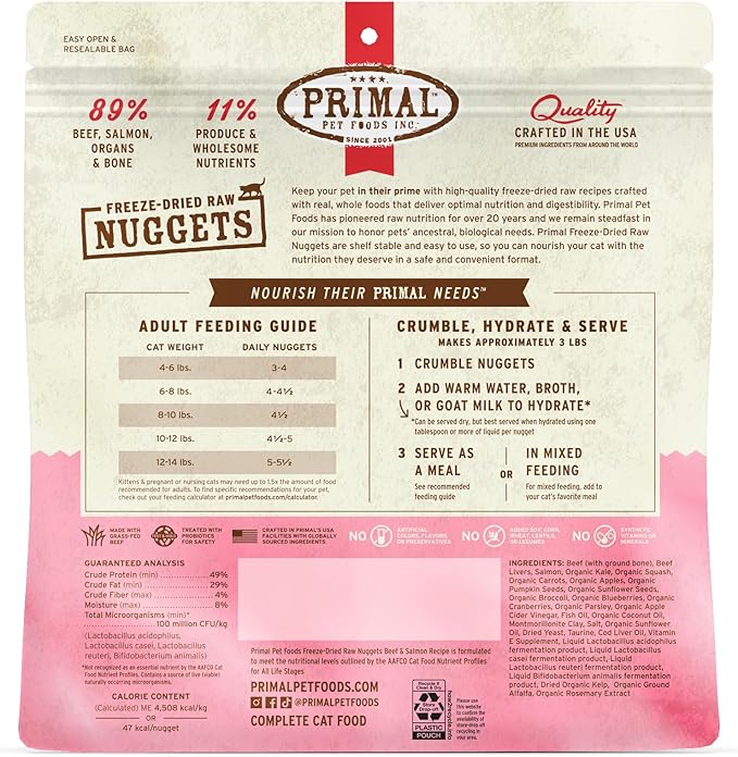 Primal Freeze Dried Raw Cat Food Nuggets Beef &amp; Salmon, Complete &amp; Balanced Meal or Topper, Premium, Healthy, Grain Free, High Protein Raw Cat Food with Probiotics (14 oz)