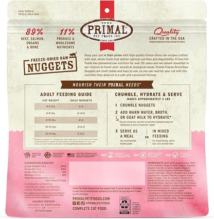 Primal Freeze Dried Raw Cat Food Nuggets Beef &amp; Salmon, Complete &amp; Balanced Meal or Topper, Premium, Healthy, Grain Free, High Protein Raw Cat Food with Probiotics (14 oz)