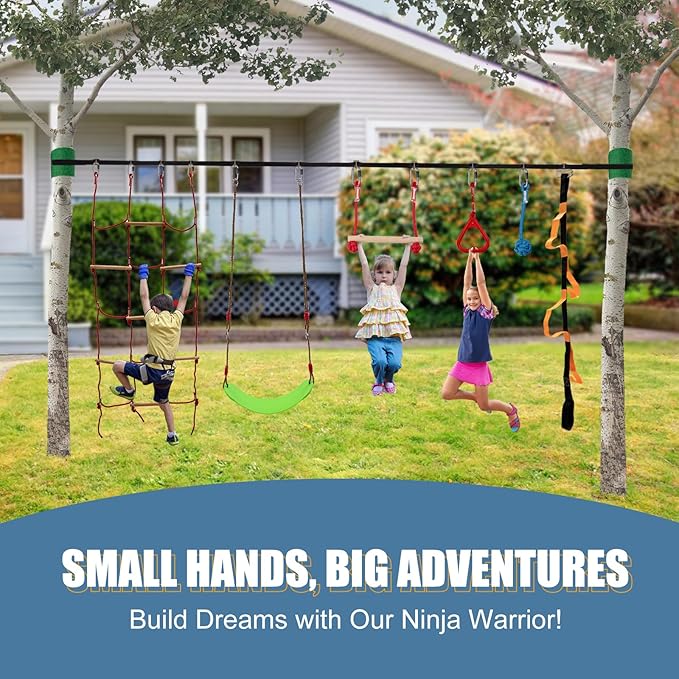 Slsy 60FT Ninja Warrior Obstacle Course (13 Obstacles), Ninja Slackline Kit for Kids, Durable Playset Equipment with 13 Most Complete Set-Monkey Bar,Swing, Balance Belt, Climbing Ladder &amp; Net