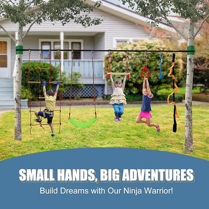 Slsy 60FT Ninja Warrior Obstacle Course (13 Obstacles), Ninja Slackline Kit for Kids, Durable Playset Equipment with 13 Most Complete Set-Monkey Bar,Swing, Balance Belt, Climbing Ladder &amp; Net