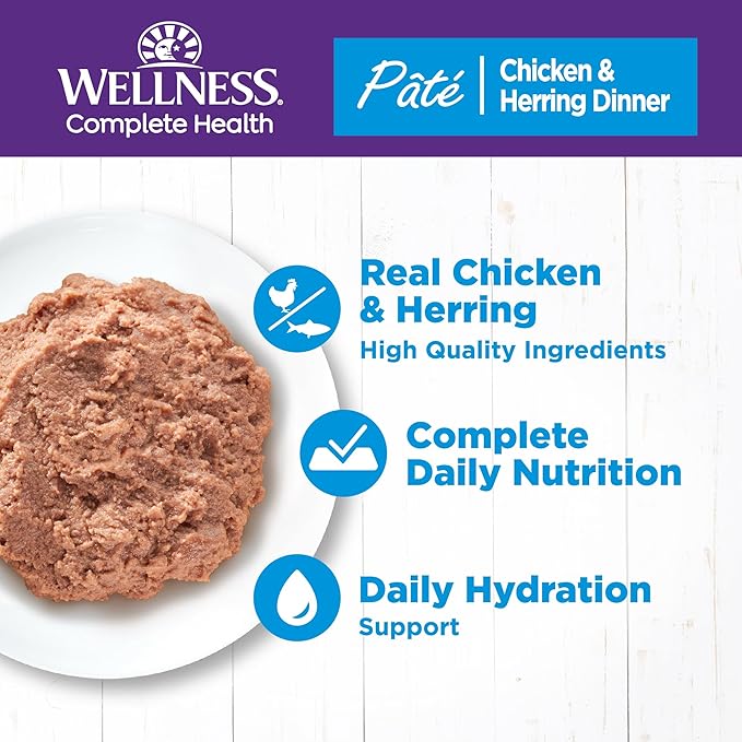 Wellness Complete Health Pate Adult Wet Cat Food, Natural, Protein-Rich, Grain Free, 5.5 Ounce, 24 Pack, (Chicken &amp; Herring)