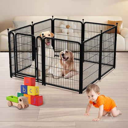 Dog Playpen 24 inch(H) 8 Panels Dog Fence Outdoor for Yard. Wide Door Low Threshold，Metal Dog Pen Heavy Duty Pet Puppy Exercise Pen for Rv Camping Garden Yard, Total 15.7 Ft(L)