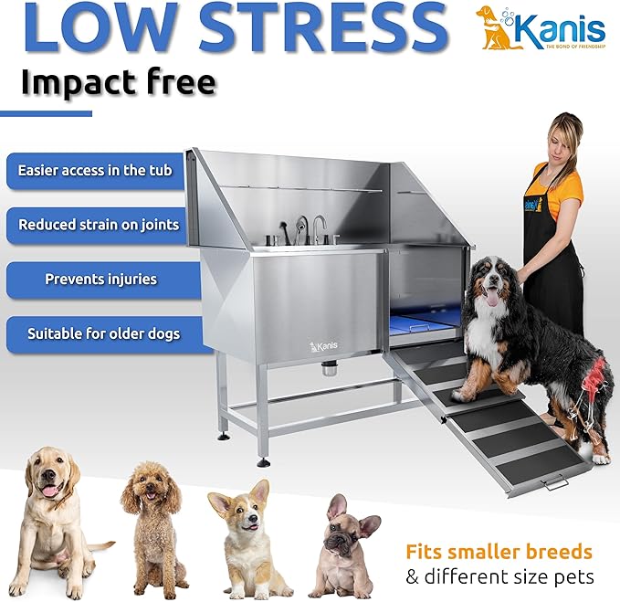 KANIS Professional Dog Washing Station - 304 Stainless Steel Pet Wash Sink &amp; Grooming Bath Tub for Home with Ramp, Shower, Floor Grate, Storage Shelf, Faucet, Drain Kit for Large, Medium &amp; Small Pets