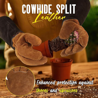 HANDLANDY Leather Gardening Gloves for Men &amp; Women, Rose Pruning Thorn Proof Garden Glove, Long Sleeve Gauntlet Gloves (Black-brown, Medium (Pack of 1))