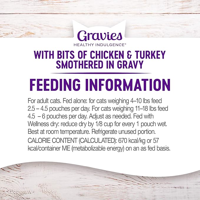 Wellness Healthly Indulgence Gravy Adult Wet Cat Food, Natural, Protein-Rich, Grain Free, 3 Ounce Pouch, 24 Pack, (Chicken &amp; Turkey)
