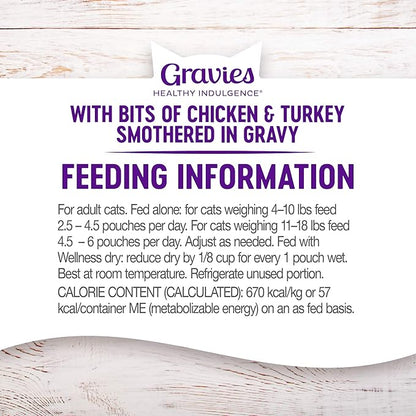 Wellness Healthly Indulgence Gravy Adult Wet Cat Food, Natural, Protein-Rich, Grain Free, 3 Ounce Pouch, 24 Pack, (Chicken &amp; Turkey)