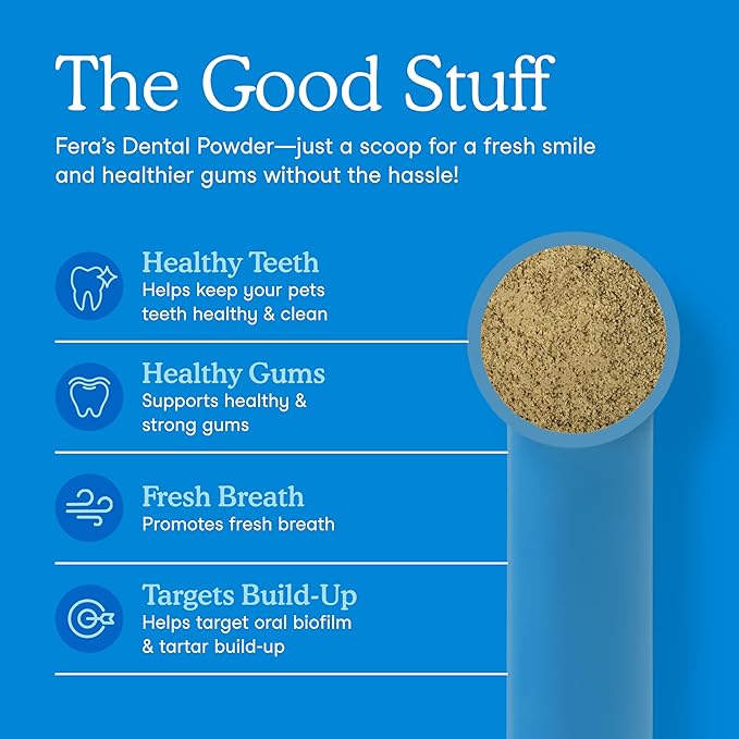 Fera Pets Cat &amp; Dog Dental Support Powder - Supports Fresh Breath - Promotes Healthy Teeth and Gums - Targets Tartar Build-Up - Includes Kelp, Enzymes &amp; Postbiotics - 60 Scoops