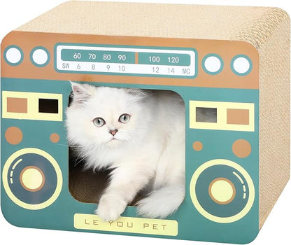 Radio Cat Scratcher Cardboard Lounge Bed - Durable Pads Prevent Furniture Damage - Cat Scratchers &amp; Play House for Indoor Cats - Corrugated Scratcher Box Toy for Cat Birthday