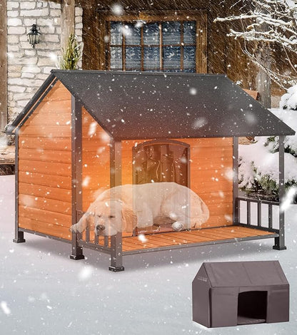 Extra Large Dog House Outdoor for Large Dogs, Insulated Dog House with Metal Frame, Waterproof Dog Shelter with Asphalt Roof, PVC Curtain &amp; Multifunctional Patio, Indoor Outdoor Use