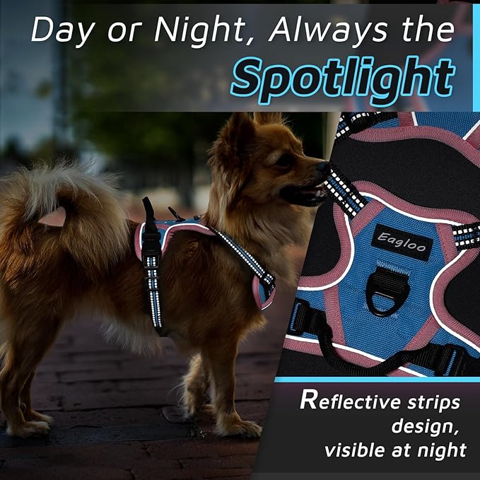 Eagloo Small Dog Harness No Pull, Service Vest with Reflective Strips and Control Handle, Adjustable and Comfortable for Walking, No Choke Pet Harness with 2 Metal Rings, Pink &amp; Blue, XS