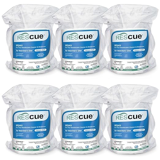 REScue One-Step Disinfectant Cleaner &amp; Deodorizer Wipes for Vet Use – Cleaner for Kennels, Litter Boxes, Vet Offices, Pet Grooming Surfaces, Pet Boarding – Wipes Canister Refill, 160 Count (6 Pack)