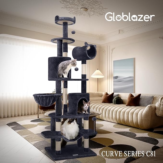 Globlazer Artistic Curved Cat Tower for Small Cats (Under 12 lbs), 81-inch Slim Design Cat Tree with Space-Saving Design, Indoor Cat Condo with Hammock &amp; Tunnel, C81, Dark Gray, Non-Large Cats