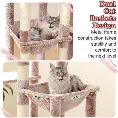 Heybly Heavy Duty Cat Tree, 71-Inch Tall Tower for Large Maine Coon with Extra-Large Baseboard, Cat Condo Furniture with Multi-Level Platforms, 2 Hammocks and 12 Scratching Posts, Muchroom HCT037MU
