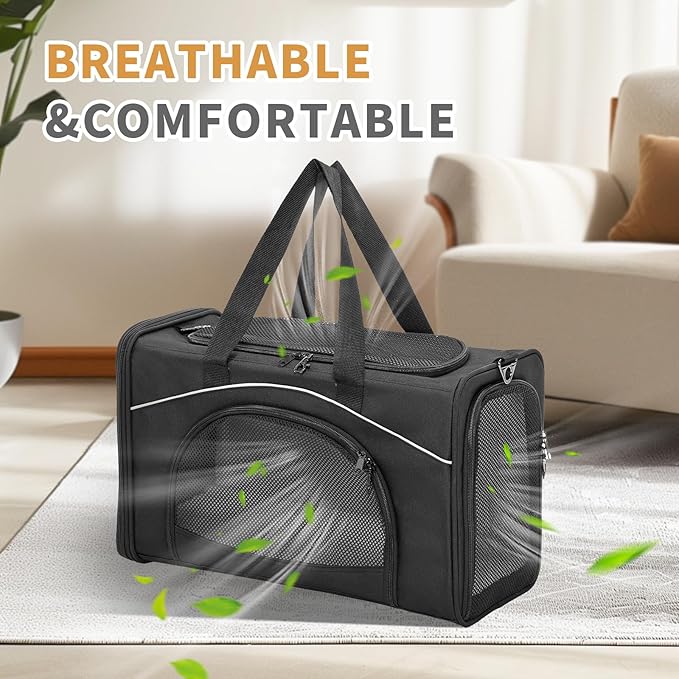 ‌Petsfit Airline Approved Pet Carrier for Small Dogs &amp; Cats, 19x9x12 TSA Approved Carrier, with Removable Dual-Sided Padding (2-Way Placement) - Fits Under Most Airplane Seats, Escape Proof (Black)
