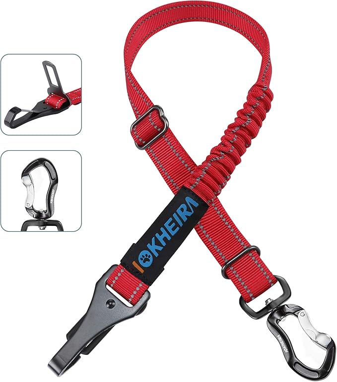 IOKHEIRA Dog Seatbelt, Updated Dog Seat Belt, Reflective Bungee Dog Car Harness, Multifunctional Pet Safety Belt with Hook Latch &amp; Seatbelt Buckle, Swivel Aluminum Carabiner, Red