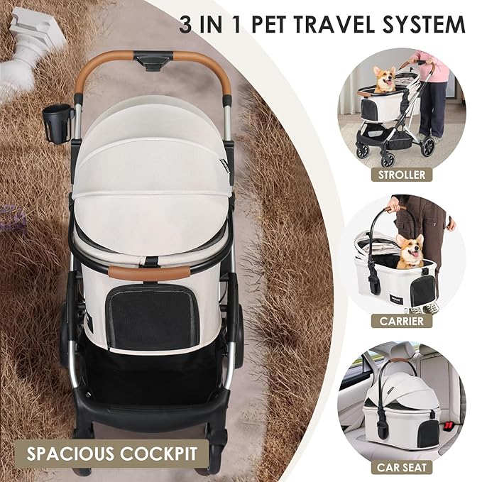 T6 Luxury Pet Stroller for Medium Dogs Up to 66lbs or 2 Small Pets – 3-in-1 Dog &amp; Cat Stroller with Removable Carrier, Foldable &amp; Lightweight (Beige)