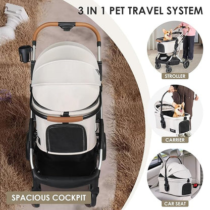 T6 Luxury Pet Stroller for Medium Dogs Up to 66lbs or 2 Small Pets – 3-in-1 Dog &amp; Cat Stroller with Removable Carrier, Foldable &amp; Lightweight (Beige)