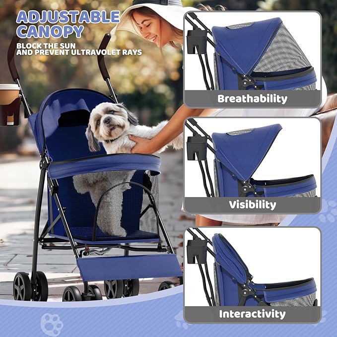 Magshion Compact Pet Stroller for Small-Medium Dogs/Cats up to 22lbs, 4-Wheel Lightweight Umbrella Shaped Portable Puppy Travel Jogger with Breathable Mesh, Cup Holder &amp; Rear Storage, Navy Blue