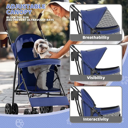 Magshion Compact Pet Stroller for Small-Medium Dogs/Cats up to 22lbs, 4-Wheel Lightweight Umbrella Shaped Portable Puppy Travel Jogger with Breathable Mesh, Cup Holder &amp; Rear Storage, Navy Blue