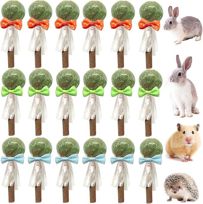 18-Pack Natural Alfalfa &amp; Apple Wood Chew Lollipops for Small Pets - Healthy Dental Toys for Hamsters, Rabbits, Guinea Pigs, Chinchillas