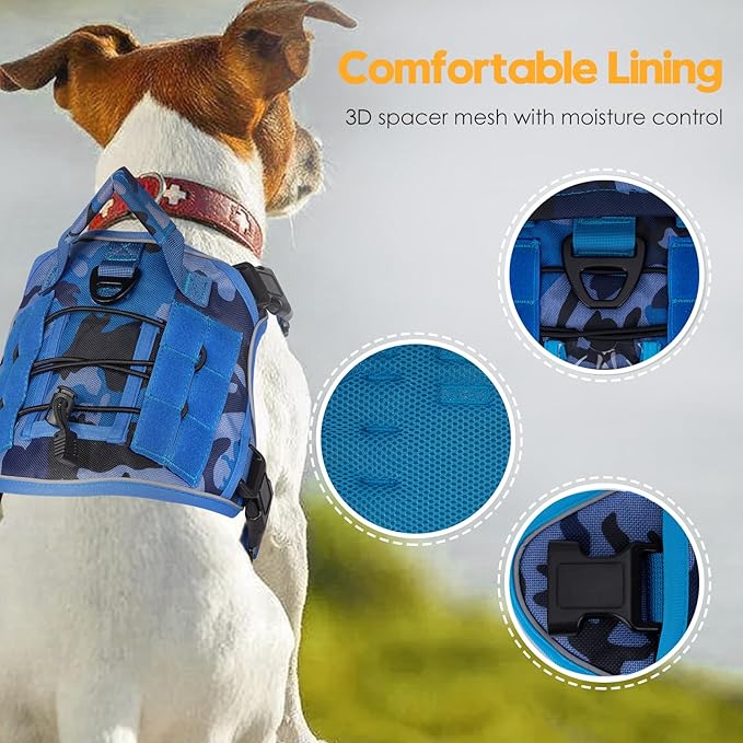 Heavy-Duty Tactical Dog Harness for Large Dogs, No Pull Adjustable Reflective Pet Vest with Molle System, K9 Military-Grade Control for Service Training, Outdoor &amp; 10+ Breeds, Blue Camo, Medium