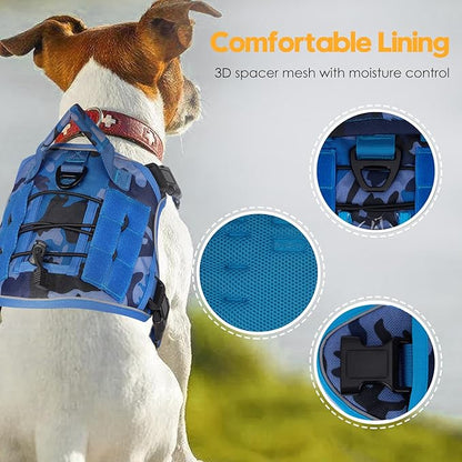 Heavy-Duty Tactical Dog Harness for Large Dogs, No Pull Adjustable Reflective Pet Vest with Molle System, K9 Military-Grade Control for Service Training, Outdoor &amp; 10+ Breeds, Blue Camo, Small