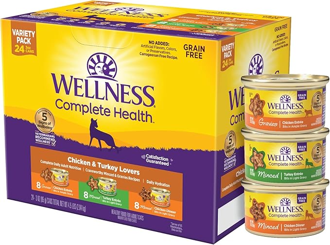 Wellness Complete Health Gravy &amp; Minced Adult Wet Cat Food, Natural, Protein-Rich, Grain-Free, 3 Ounce, 24 Pack, (Chicken &amp; Turkey Lovers Variety Pack)