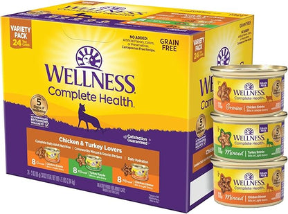 Wellness Complete Health Gravy &amp; Minced Adult Wet Cat Food, Natural, Protein-Rich, Grain-Free, 3 Ounce, 24 Pack, (Chicken &amp; Turkey Lovers Variety Pack)