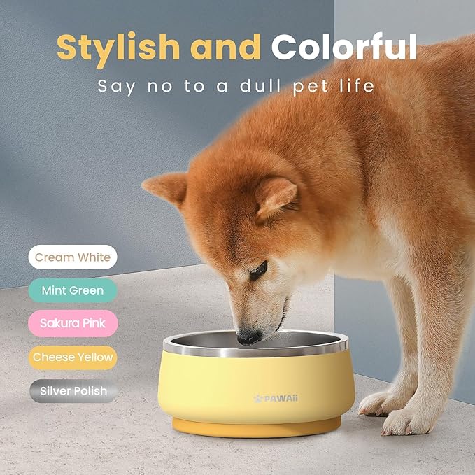 Pawaii Stainless Steel Dog Bowl with Non-Slip Rubber Base &amp; Double Wall Insulation - Durable Design | Includes ID Tag | Dishwasher Safe Food &amp; Water Bowl for All Dogs (34oz)