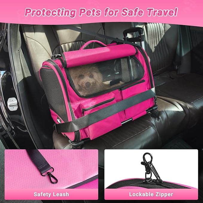 Large Pet Carrier with Wheels, Foldable Rolling Dog Carrier with Big Pocket, Cat Rolling Bag 21"x13"x13"for 2 Cats &amp;Dogs, Use for Travel, Outdoor, Vet Visits, Camping, Indoor. Pink