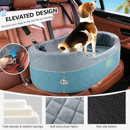 Dog Car Seat for Medium &amp; Large Dogs up to 55 lbs, Elevated Booster Seat with Anti-Slip Base, Detachable &amp; Machine-Washable Pet Car Bed for SUV/Sedan (Gray)