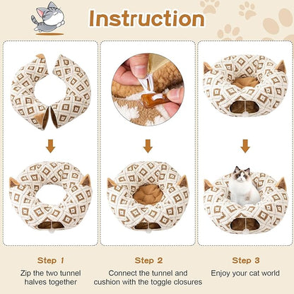 Cat Tunnel Bed for Indoor Cats, Cat Donut Tunnel with Washable Cushion, Peekaboo Cat Cave Toy, Multifunctional Playground Toys for Kittens, Rabbit, Brown Jacquard Pattern