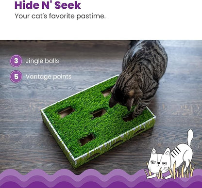 Catstages Grass Patch Hunting Box Interactive Bat &amp; Swat Game for Indoor Cats, 3 Jingle Balls Included, Green