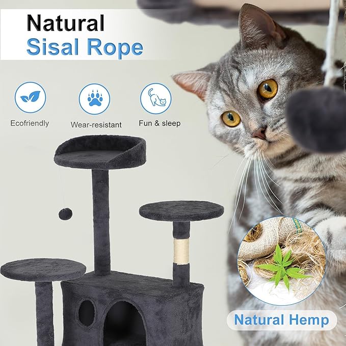 FDW Cat Tree Tower 62in Multi-Level Durable Cat Scratching Post &amp; Cozy Fun Jumping Platform Space Saving Condo Pet Play House for Indoor Cats,Dark Gray
