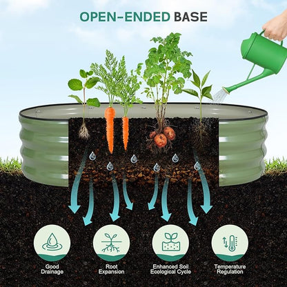 Galvanized Raised Garden Bed Outdoor - 4×2×1ft Planter Raised Beds for Gardening | Oval Metal Garden Planter Box with Safety Edging and Gloves for Vegetables Fruits and Flowers OliveGreen
