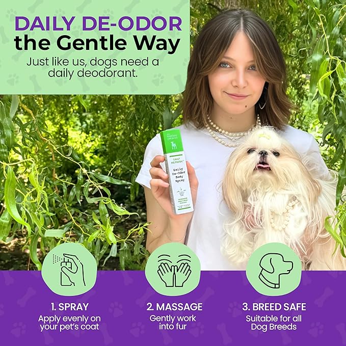 Luxury Daily Dog Deodorant &amp; Grooming Spray – Long-Lasting, Odor Eliminating Pet Deodorizer Spray for Dogs’ Coat &amp; Skin – Gentle &amp; Clean, Irresistible Fresh Spa Scent 5.07 Fl oz.