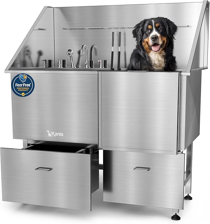 KANIS Professional Dog Washing Station - 304 Stainless Steel Pet Wash Sink &amp; Grooming Bath Tub for Home with Ramp, Shower, Floor Grate, Storage Drawers, and Faucet for Large, Medium &amp; Small Pets