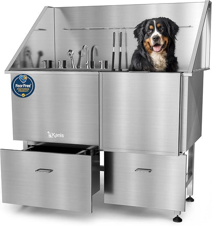 KANIS Professional Dog Washing Station - 304 Stainless Steel Pet Wash Sink &amp; Grooming Bath Tub for Home with Ramp, Shower, Floor Grate, Storage Drawers, and Faucet for Large, Medium &amp; Small Pets