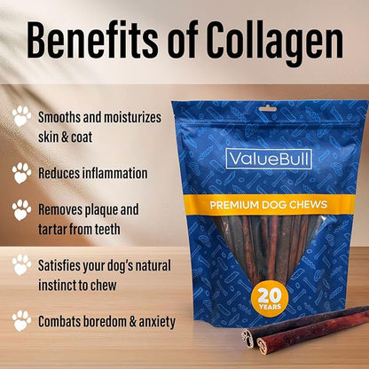 ValueBull Collagen Sticks for Dogs, 12 Inch Medium Chews, Natural Long-Lasting Dog Treats, 100 Count Bulk Pack - Supports Joints, Skin &amp; Coat with Chondroitin &amp; Glucosamine