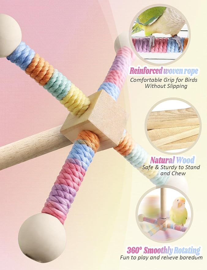 Bird Stand Perch Toy for Small &amp; Medium Birds, 360° Rotating Natural Wooden Parrot Perchs for Bird Cages, Interactive Spinning Toy fo Parrot Parakeets Cockatiels Lovebirds Conures Finches Budgies