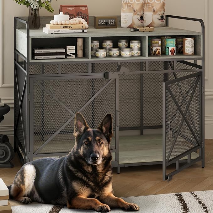 Dog Crate Furniture, 48" Heavy Duty Wooden Dog Crate End Table, XL Dog Kennel Furniture Large Breed, Decorative Dog Kennel Indoor with 3 Drawers &amp; Steel Tubes 48" L x28 W x38 H (Grey)