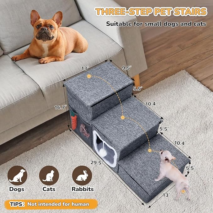 Bilibrara Dog Stairs for Small Dogs, Foldable Pet Steps for High Bed, Non-Slip 3-Step Cat Stairs with Storage, Condo and Fluffy Ball, Small Dog Indoor Ramp for Couch Window, 16&