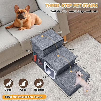 Bilibrara Dog Stairs for Small Dogs, Foldable Pet Steps for High Bed, Non-Slip 3-Step Cat Stairs with Storage, Condo and Fluffy Ball, Small Dog Indoor Ramp for Couch Window, 16&