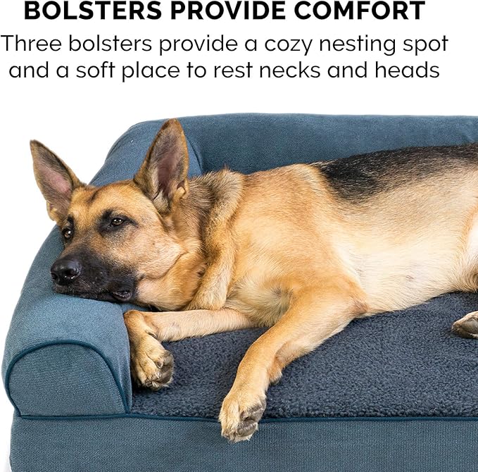Furhaven Orthopedic Dog Bed for Large Dogs w/ Removable Bolsters &amp; Washable Cover, For Dogs Up to 125 lbs - Sherpa &amp; Chenille Sofa - Orion Blue, Jumbo Plus/XXL