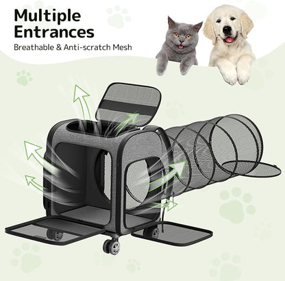 Rolling Cat Carrier with Wheels: Dog Carrier for Small Dogs &amp; Large Cats, Expandable Pet Carrier on Wheels with Cat Play Tunnel, Large Capacity, Breathable Mesh, Side Pocket, Grey