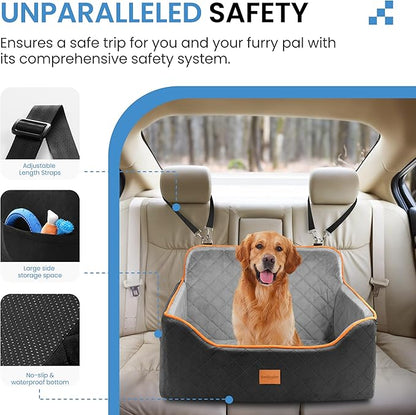 Dog Car Seat for Medium Dogs - Pet Car Seat with 2 Safety Straps &amp; Waterproof Padding, Portable Pet Carrier for Cars, Trucks &amp; SUVs, Comfortable Booster Bed for Pets Up to 55lbs (Black/Grey)