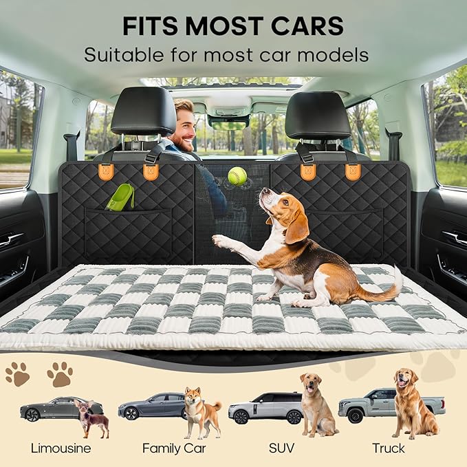 Backseat Pet Bed Mat, Non-Slip Plaid Dog Bed for Car Back Seat, Flannel Backseat Dog Bed, Fit for Backseat Extenders and Trucks SUVs (Bluegrey&amp;White, 24.8x54 inch)