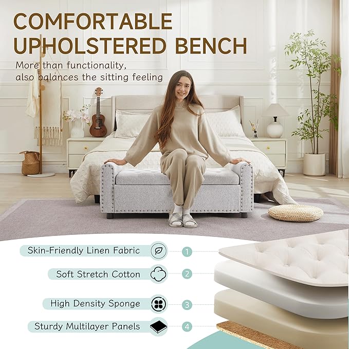 Ottoman with Storage, Tufted Storage Bench for Bedroom, 48" Fabrics End of Bed Bench, Upholstered Entryway Shoe Benches with Rolled Arm &amp; Inner Zipper, Window Ottomans Chest with Rivets, Light Grey