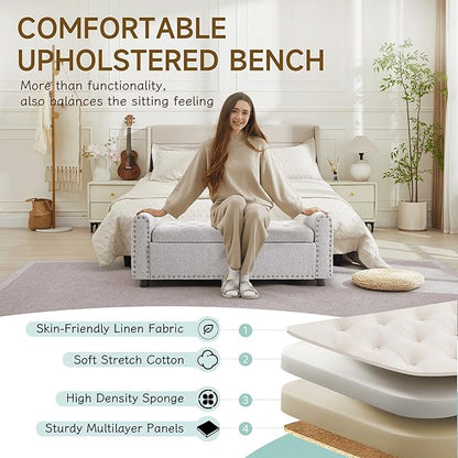 Ottoman with Storage, Tufted Storage Bench for Bedroom, 48" Fabrics End of Bed Bench, Upholstered Entryway Shoe Benches with Rolled Arm &amp; Inner Zipper, Window Ottomans Chest with Rivets, Light Grey