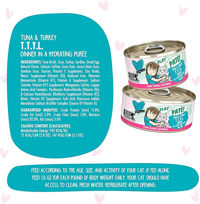 Weruva B.F.F. Play - Best Feline Friend Paté Lovers, Aw Yeah!, Tuna &amp; Turkey T.T.Y.L. with Tuna &amp; Turkey, 2.8oz Can (Pack of 12)